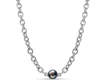 Oval link chain necklace with black pearl in stainless steel