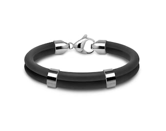 DOUBLE Tubular black rubber bracelet with lobster clasp in stainless steel