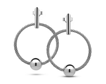 Minimalist Drop Earrings – Circle Cable Earrings with Sphere, Modern Dangle Earrings, Lightweight Geometric