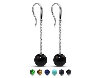 Thin chain drop dangling earrings with semiprecious sphere in stainless steel | Custom Length Available