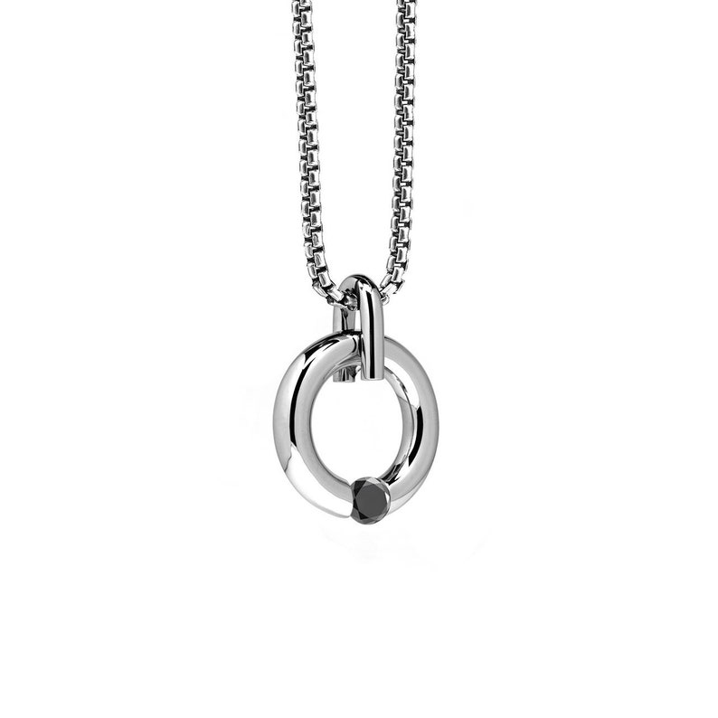 LUNA round tubular pendant with tension set black diamond in stainless steel by Taormina Jewelry image 1