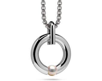 LUNA round tubular pendant with tension set white pearl in stainless steel