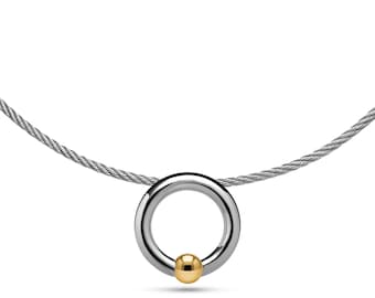 O-Ring Tension Set Gold Sphere Pendant | Stainless Steel Cable Wire Necklace | Luna Modern Collier Style