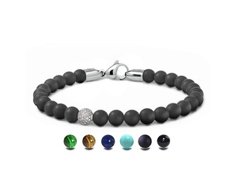 SPIRITUAL Obsidian beads bracelet with Pavé White Sapphire Station in stainless steel, 6mm