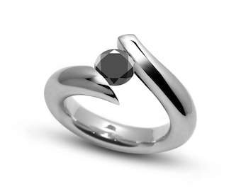 ONDE Swirl Bypass ring with tension set black diamond in stainless steel