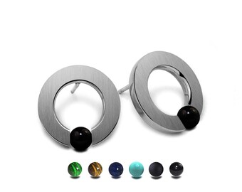 ABBRACCI Flat round stud earrings with tension set semiprecious spheres in stainless steel