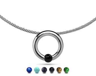 LUNA round tubular pendant with tension set semiprecious sphere on a cable choker in stainless steel