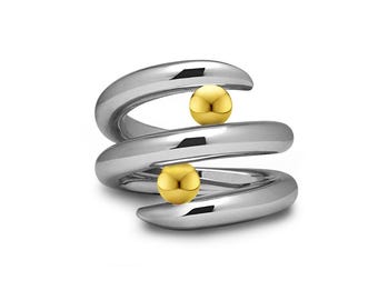 ONDE Double bypass ring with tension set gold spheres in stainless steel