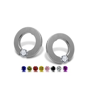 Tension Set Gemstone O-Ring Stud Earrings | Flat Brushed Stainless Steel | Modern Minimalist Abbracci Design
