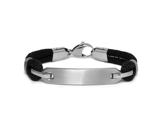 Double black nautical rope bracelet with flat curved tag in stainless steel