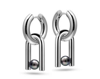Tension Set Chandelier Black Pearl Earrings | High-End Interchangeable Artisan Stainless Steel | NEXUS Design by Taormina