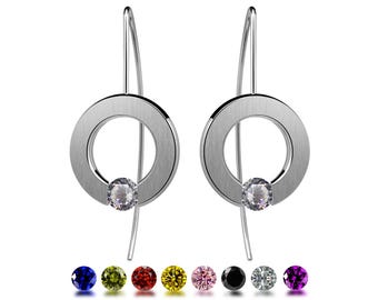ABBRACCI tension set round flat drop earrings with tension set gemstones in stainless steel