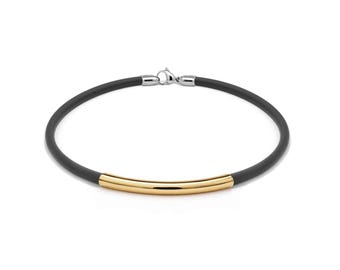 Black Rubber Necklace | Gold Bar | Stainless Steel Industrial Minimalist Design