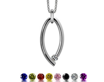 OVUM oval tubular vertical pendant with tension set gemstones in stainless steel