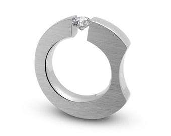 Tension Set White Sapphire Ring | Minimalist Ergonomic Stainless Steel | Celestial Design