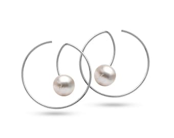 Round Threader Wire Hoop Drop Earrings | Stainless Steel Floating White Pearl | Filo
