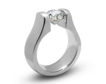 Tension Set White Sapphire Ring | High-Set Stainless Steel Engagement Marea Design | Minimalist Jewelry