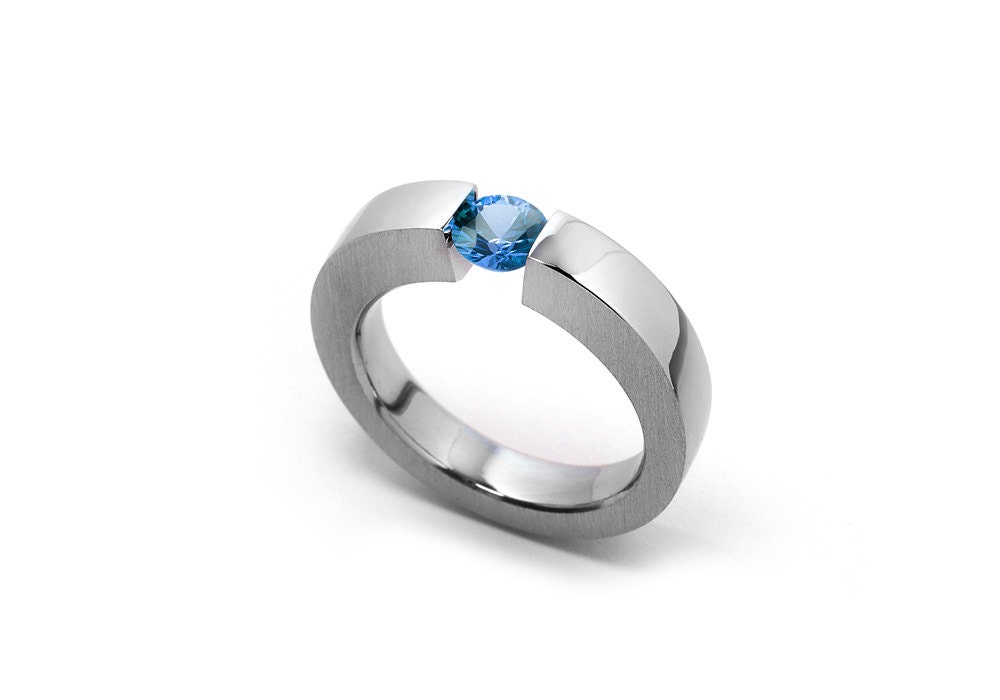 Blue Topaz Mens Tension Set Ring in Stainless Steel