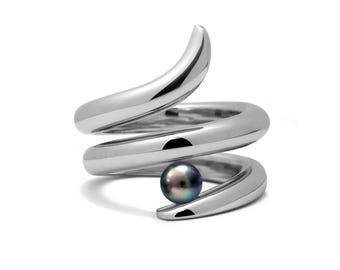 Tension Set Black Pearl Statement Ring | Swirl Double Bypass Stainless Steel | Onde Design