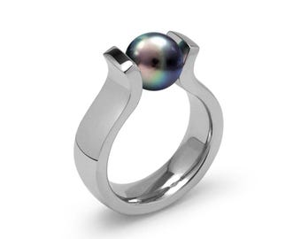 LYRE High setting ring with tension set black pearl in stainless steel