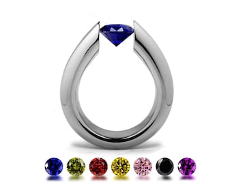 ALBA High setting tapered ring with tension set colored gemstone in stainless steel