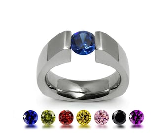 Tension Set Gemstone Ring | Triangular High-Set Stainless Steel | Modern Pyramid Design