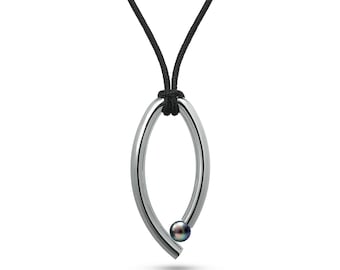 OVUM oval tubular vertical pendant with cord and tension set black pearl in stainless steel