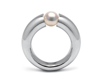 LUNA tapered rounded ring with tension set white pearl in stainless steel by Taormina Jewelry