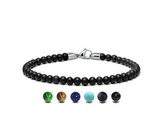 SPIRITUAL 4mm Obsidian beads bracelet in stainless steel