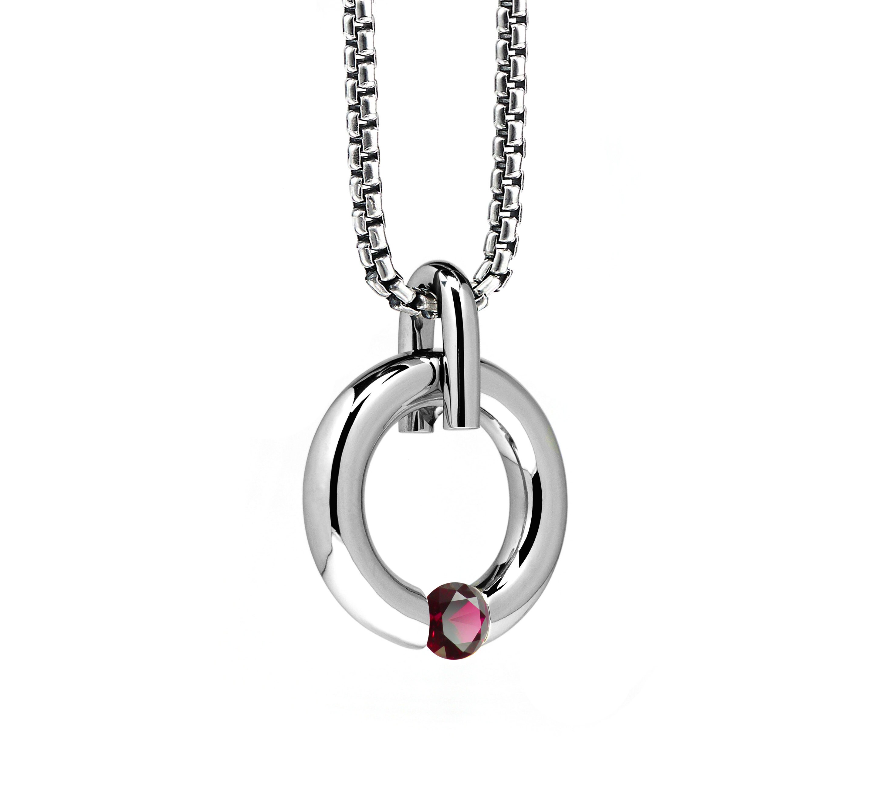 Garnet Tension Set Round Pendant in 
