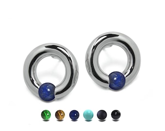 LUNA stud tubular circle earrings with tension set round natural stone in stainless steel