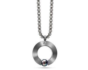 ABBRACCI round flat pendant with tension set black pearl in stainless steel