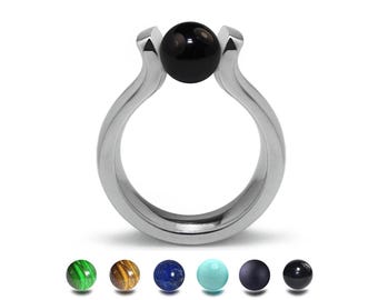 LYRE High setting ring with tension set semiprecious sphere in stainless steel