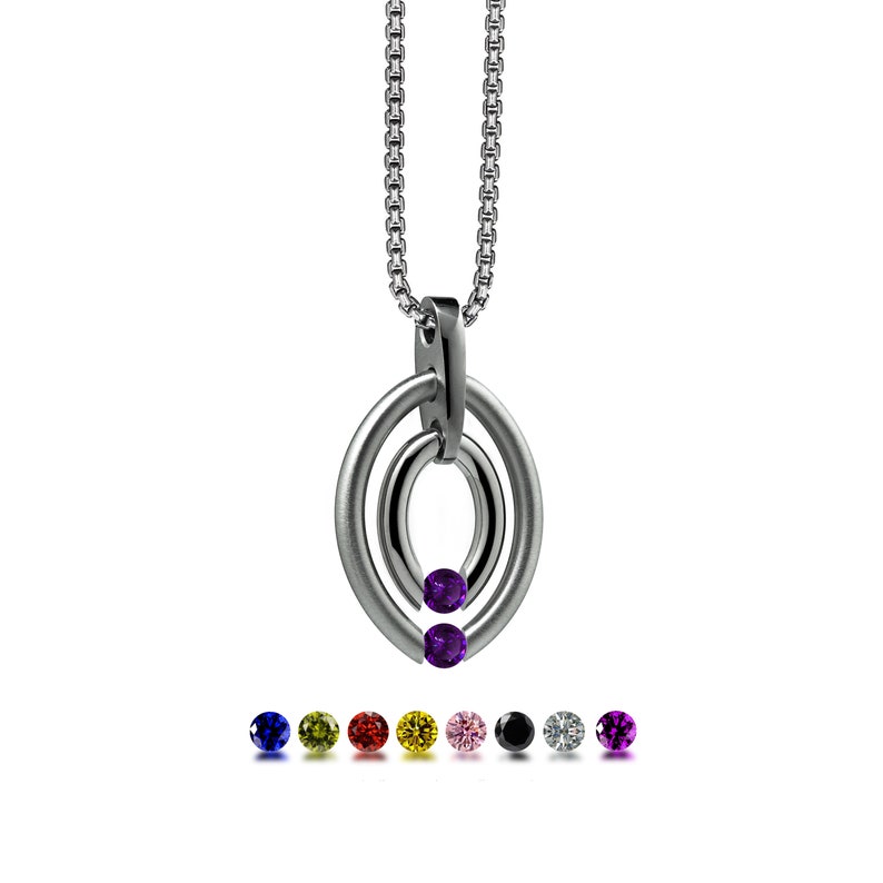 OVUM double oval tubular pendant with tension set colored gemstones in stainless steel by Taormina Jewelry amethyst