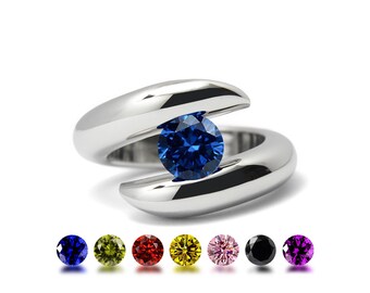 ONDE Bypass ring with tension set colored gemstone in stainless steel