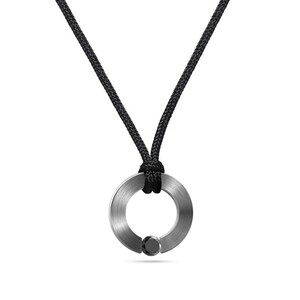 May include: A black cord necklace with a silver ring pendant featuring a black gemstone.