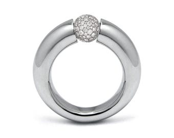 Tension Set White Sapphire Pavé Station Ring | Tapered Tubular Stainless Steel | Luna Design