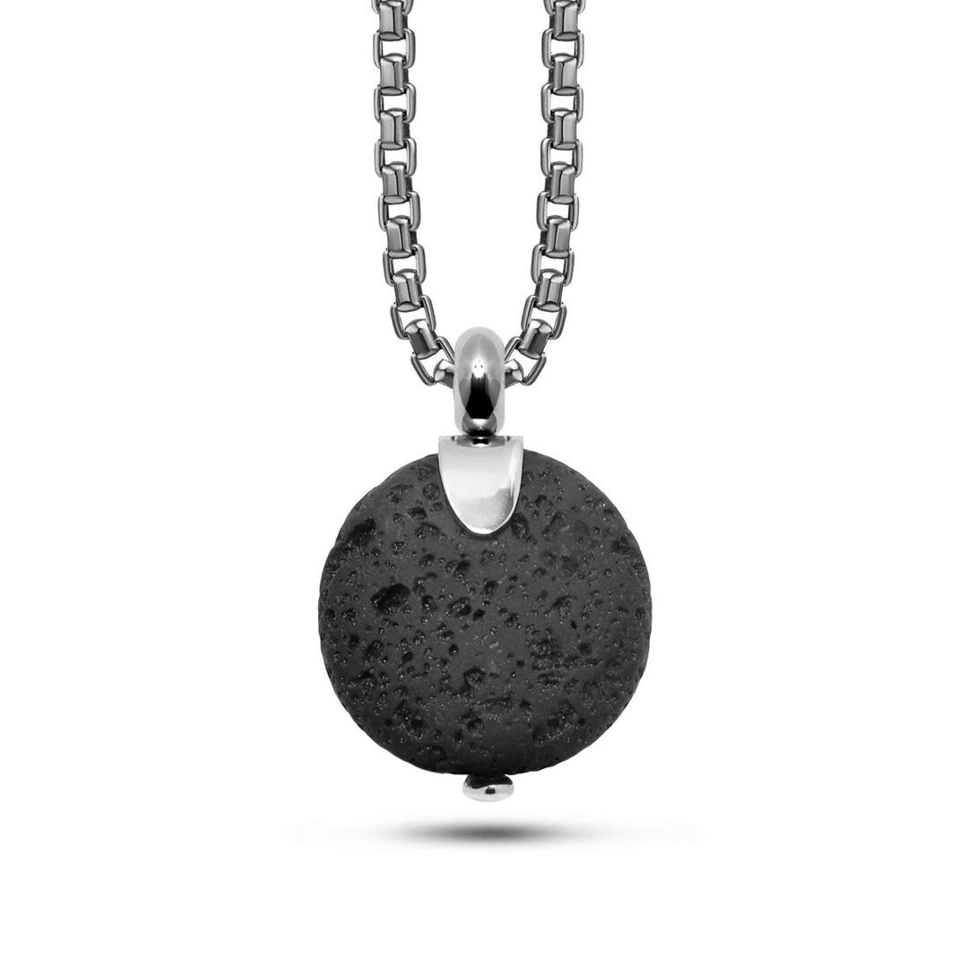 Black Lava Stone Pendant Necklace | Modern Minimalist Stainless Steel ...