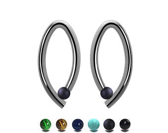 OVUM oval cat eye shaped drop stud earrings with tension set semiprecious spheres in stainless steel
