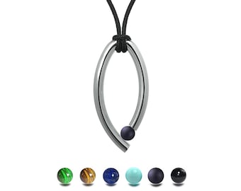 OVUM oval tubular vertical pendant with cord and tension set semiprecious sphere in stainless steel