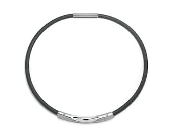 Tubular 5mm black rubber necklace with see through tubular element in stainless steel