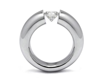 Tension Set White Sapphire Ring | Minimalist Architectural Engagement Ring | Stainless Steel Luna Design
