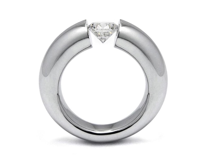 Featured listing image: Tension Set White Sapphire Ring | Minimalist Architectural Engagement Ring | Stainless Steel Luna Design