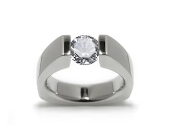 Tension Set White Sapphire Ring | Triangular High-Set Stainless Steel | Modern Pyramid Design