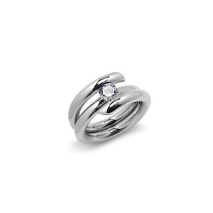 ILIANA High rise setting tubular bypass ring with tension set White Sapphire in stainless steel by Taormina Jewelry 1ct