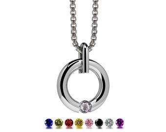 LUNA round tubular pendant with tension set colored sapphire in stainless steel