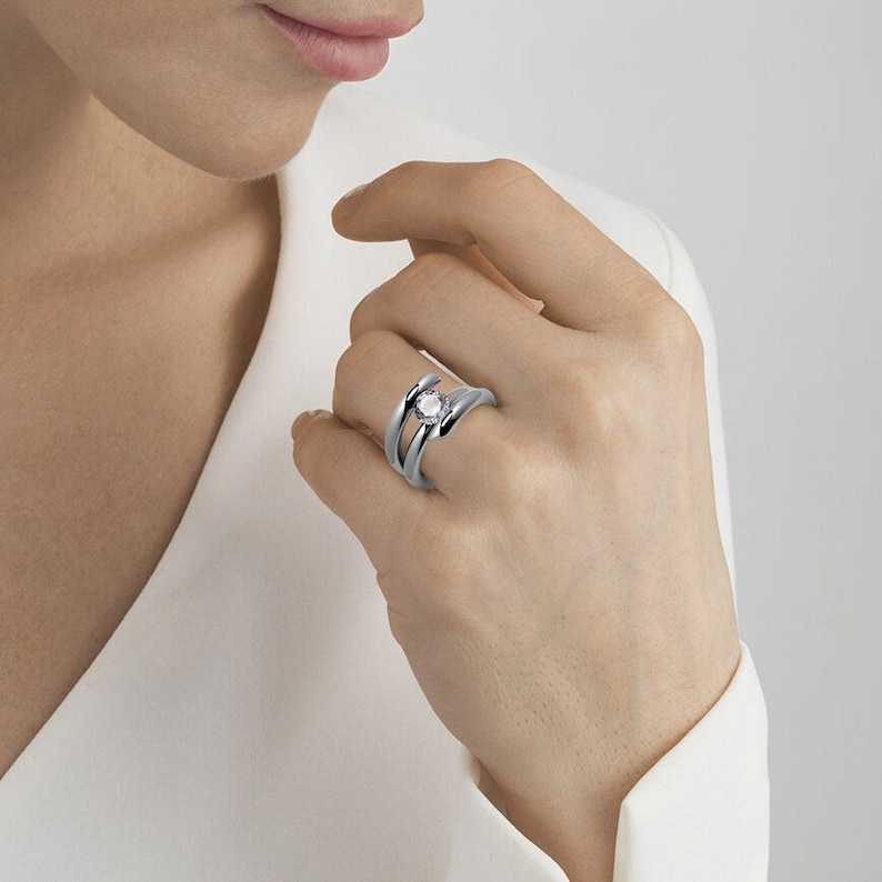 ILIANA High rise setting tubular bypass ring with tension set White Sapphire in stainless steel by Taormina Jewelry image 4
