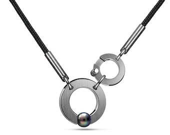 ABBRACCI cord necklace with round center design with tension set Black Pearl and side round clasp in stainless steel