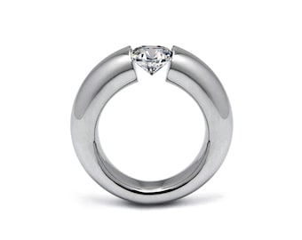 LUNA tapered rounded ring with tension set white sapphire in stainless steel