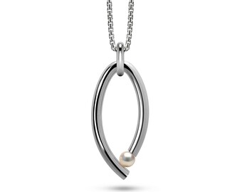 OVUM oval tubular vertical pendant with chain and tension set white pearl in stainless steel